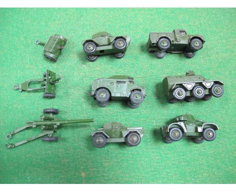 Nine Original Dinky Diecast Model Military Vehicles, Guns, Trailer, including field artillery tractor, armoured car, playworn