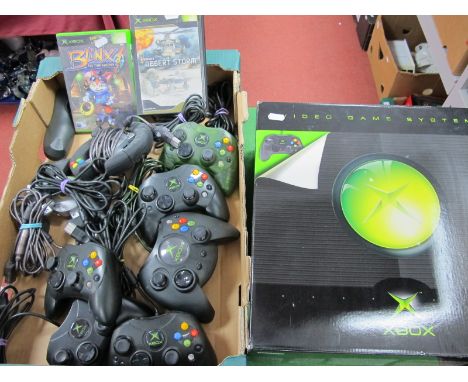 Original Microsoft XBox Gaming Console, two controllers, boxed untested; together with games Bunx Conflict Desert Storm. Plus