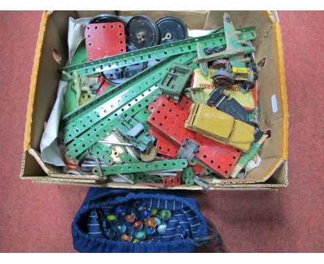 A Small Quantity of Post War Red/Green Meccano/Remnants of a Pre-War Dinky Tractor, among associated items.