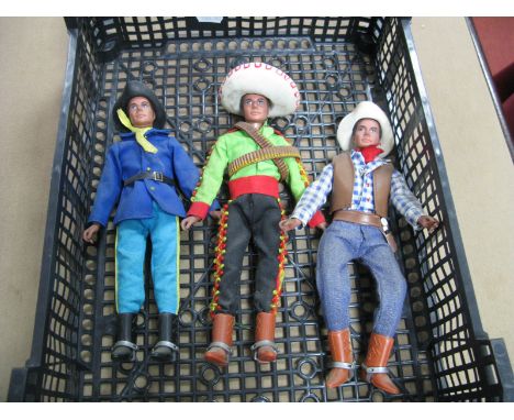 Three Plastic Model Action Figures by Model Toys Ltd, including Cowboy and Mexican characters, approximately 24cm high.