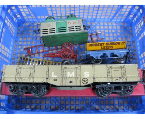 A Hornby No.2 Double Bogie L.M.S High Capacity Wagon, very good/boxed, plus two unboxed ''O'' gauge/7mm wagons, a RBT Hudson 