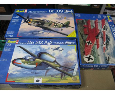 Three Plastic Model Kits by Revell, comprising of 1:32nd scale #04702 Messerschmitt BF 109 K-4, box opened, parts in sealed b