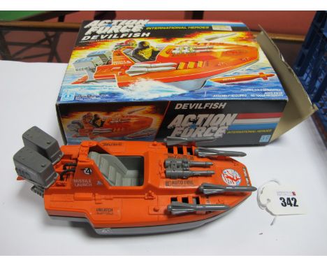 Hasbro Action Force Devil Fish Plastic Toy Boat, (circa 1986), twin outboards, six missiles present, token is cut out, instru