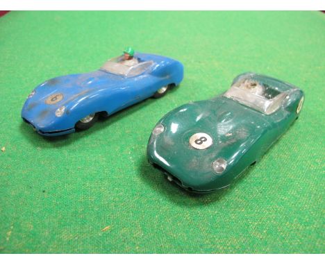 Two 1960's Scalextric Lister Jaguars, one green, one blue, both playworn.
