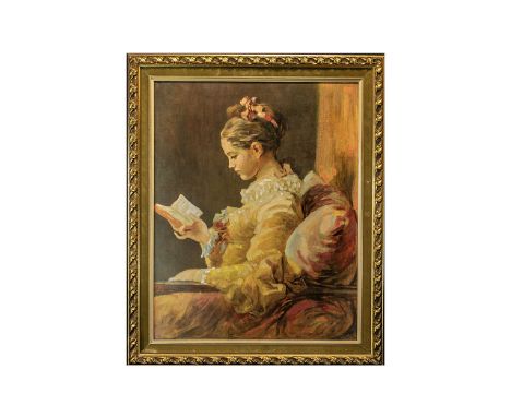 After Jean Honore Fragonard (French 1732-1806) Portrait Of A Young \lady Reading - Oil Painting On Canvas - Over A Printed Ba
