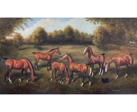 Michael John Taylor (British 1949-) after Herbert St John Jones(British 1872-1939): 'Hackney Ponies and Pomeranian', oil on c