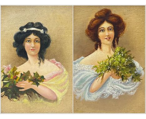 English School (Early 20th century): Portrait of Classically Dressed Ladies in Yellow and Blue Holding Bouquets, pair miniatu