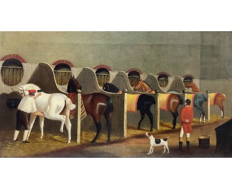 English Naive School (Mid-19th century): Grooms Attending to Hunting Horses in Stable, oil on canvas unsigned 59cm x 106cm (u
