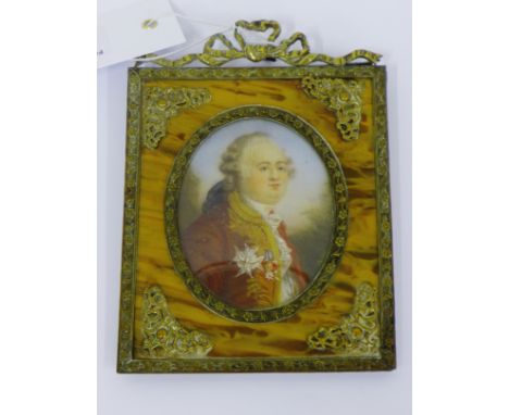 Oval portrait miniature of King George III painted on ivorine panel and contained within a faux tortoiseshell and brass mount