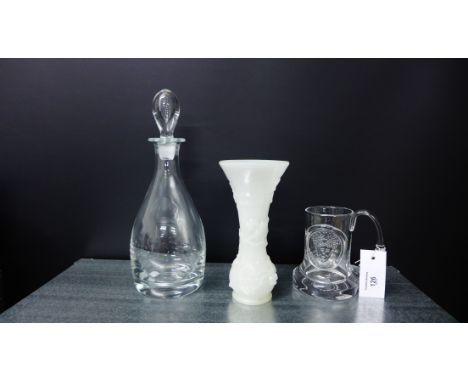 Clear glass decanter with teardrop stopper, King Edgar tankard and an opaque white glass vase with fruit and vine applied dec