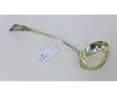 Victorian Scottish silver Queen's pattern soup ladle with JP makers mark and Edinburgh 1865 hallmarks, 33 cm long,  