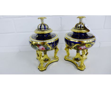 Flight Barr & Barr, Royal Porcelain Works, Worcester,  pair of pot pourri vases each painted with floral bouquets against a b
