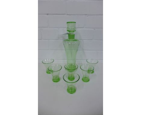 A green Art Deco glass decanter and set of six matching glasses (7) 