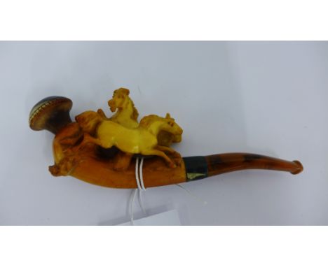 Meerschaum pipe with carved horse figures, white metal collar and amber cheroot complete with original leather case,  12 cm l