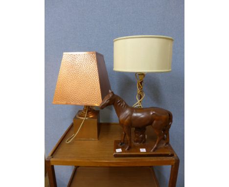 A copper table lamp and a horse table lamp