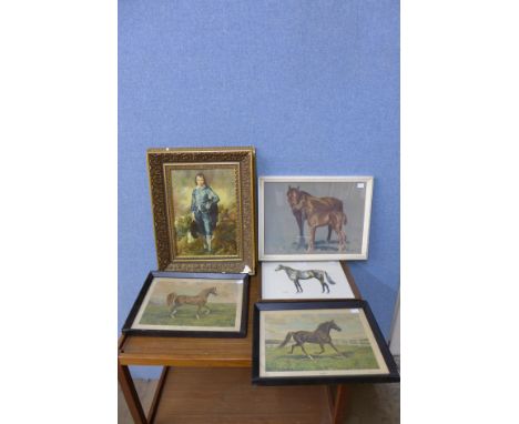 Four horse related prints, landscape watercolour and a print of a boy, framed