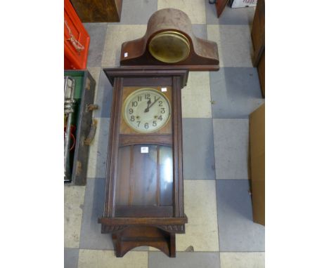 An American oak wall clock and a mantel clock