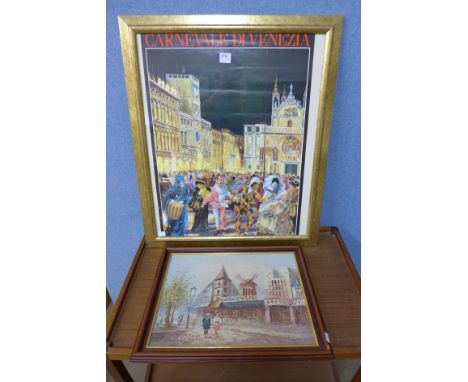 An Italian carnival scene print and Paris street landscape, oil on board, framed