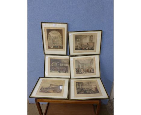 A set of six Augustus Pugin and Thomas Rowlandson aquatint engravings, Leaden Hall Market, Newgate Chapel, Common Council Cha