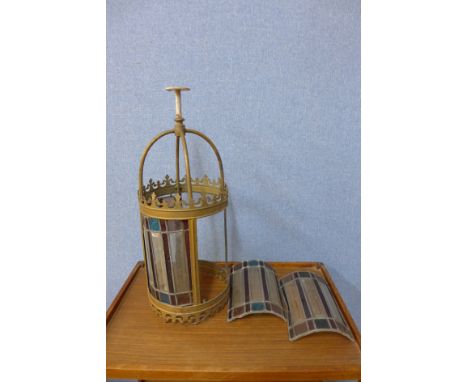 A Victorian style gilt metal and stained glass hanging light