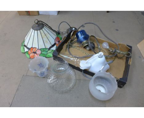 A Tiffany style light and a converted oil lamp, etc.