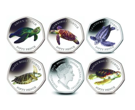 2019 B.I.O.T Set of 5 Turtle 50p Coins: In 2019 the British Indian Ocean Territory issued a series of five delightful colouri