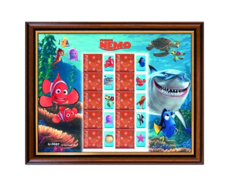 Finding Nemo Australia Post Stamp Sheet - Framed: A framed Australia Post 'Finding Nemo' stamp sheet featuring ten 50c stamps