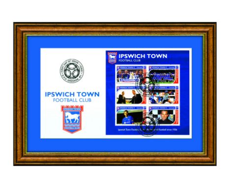 IPSWICH FIRST DAY CARD FRAMED: Framed Grenada stamp sheet marking the history of Ipswich Town Football Club. Limited edition 