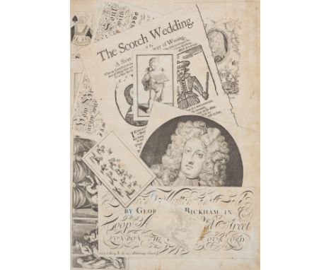 Bookseller's trade card.-&nbsp;Bickham the Elder (George, 1683-1758) Trompe-l'&oelig;il medley print with portraits, letters,