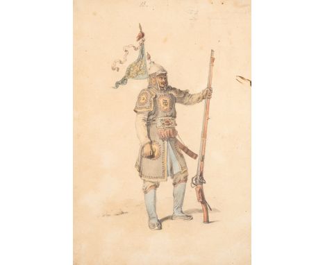 China.- Alexander (William) A Chinese soldier with his matchlock, with a faint subsidiary sketch of his head, watercolour ove