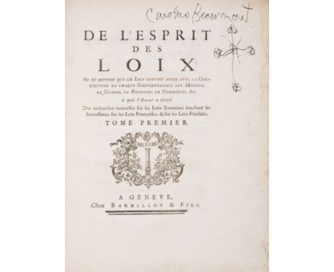Montesquieu (Charles Secondat, Baron de) De L'Esprit des Loix, 2 vol., first edition, half-titles, lacking errata leaves, con