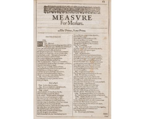 Shakespeare (William) Measure for Measure, extracted from the second folio, comprising pp.61-84, trimmed at head with loss to