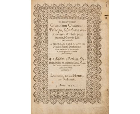 Demosthenes. Græcorum oratorum principis, Olynthiacæ orationes tres, & Philippicæ quatuor, è Graeco in Latinum conversæ, tran