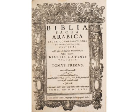 Bible, Arabic & Latin. Biblia Sacra Arabica, 3 vol., half-titles (with ink-stamps in Arabic, one to head mostly erased), titl