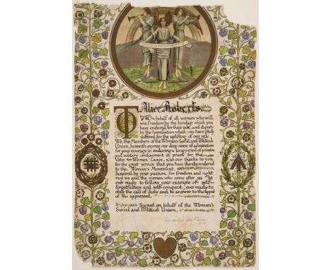 Women's suffrage.- Illuminated printed address signed by Emmeline Pankhurst, presented to Alice Roberts "On behalf of all wom
