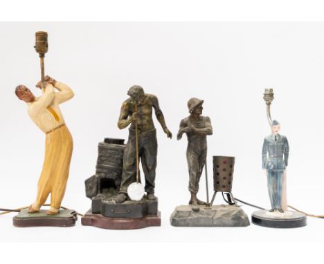 A CERAMIC ROYAL AIR FORCE FIGURAL TABLE LAMP BASE TOGETHER WITH THREE OTHERS (4)Possibly Royal Doulton, fitted on to base, 38