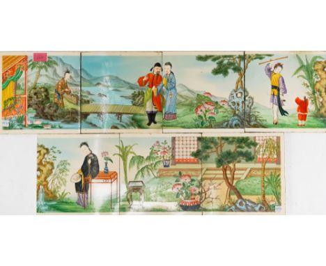 A MINTON & HOLLINS RECTANGULAR SEVEN TILE PANEL (7)Circa 1880 Painted with a continuous scene of Chinese figures at leisure i