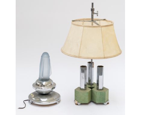 A CHROME PLATED SHAGREEN VENEERED TABLE LAMP (2)Mid-20th Century 
The base with three hexagonal plinths with three lights and