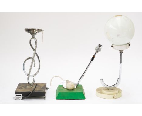 THE FERGUSON SPORTS LAMP: A CHROME PLATED TABLE LAMP MODELLED AS A GOLF CLUB AND BALL (3)Second half 20th Century  Green pain