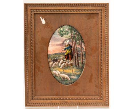 JULES SARLANDIE, LIMOGES: A FRENCH ENAMEL PLAQUE DEPICTING A SHEPHERDESS ON STILTS OVERLOOKING SHEEPSigned Sarlandie, Limoges