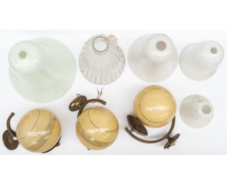 A GROUP OF GLASS LIGHT SHADES INCLUDING A SET OF THREE YELLOW AND GOLD WALL LIGHTS (8)The set in yellow with gold banding, ea