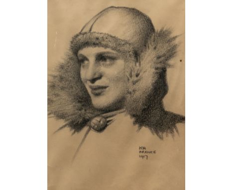 KEITH HENDERSON (BRITISH, 1883-1982) (3)Portrait of a woman in fur collar and hat signed with initials and dated 'KH 1917' (l