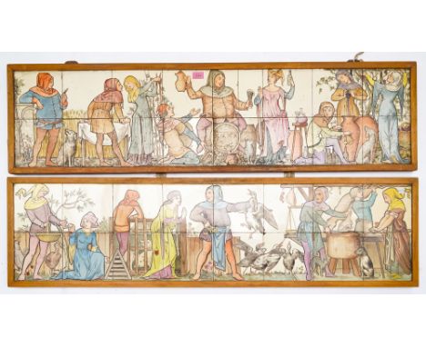 A PAIR OF EARTHENWARE RECTANGULAR TILE PANELS (2)Possibly Mintons, circa 1880 Each comprising sixteen tiles, painted with con