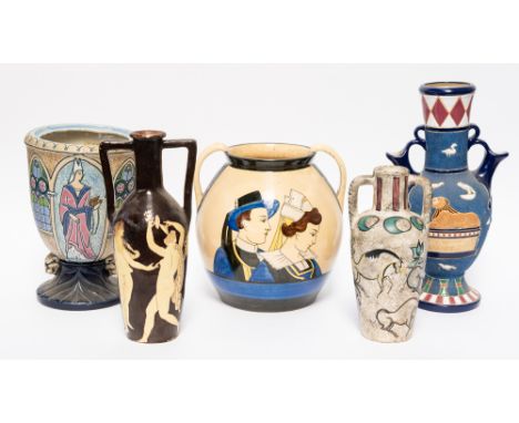 A QUIMPER TWIN HANDLED VASE (5)Painted with Breton faces; Together with two Amphora vases, a twin handled vase in the style o