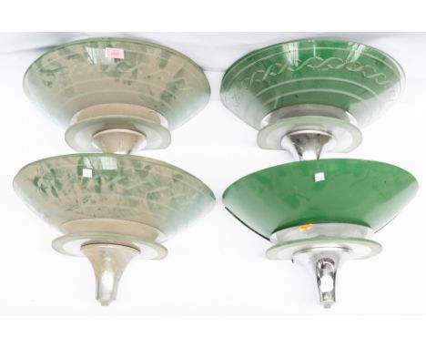 A SET OF FOUR GREEN ENAMEL TIN AND ETCHED GLASS DEMI-LUNE WALL LIGHTS (4)Mid-20th Century  With chrome-plated finials, one mi