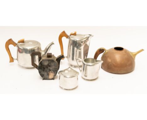 A SILVER TEAPOT, AN AUSTRIAN COPPER KETTLE AND A PIQUOT WARE TEA SERVICE (6)20th Century The flattened ovoid teapot, stamped 