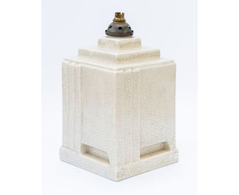A BELGIAN NIMY CRACKLE GLASS LAMPCirca 1930 The rectangular geometric designed lamp in cream crackle glazed ceramic, dtamped 