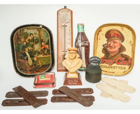 A GROUP OF ADVERTISING ITEMS INCLUDING A COCA-COLA WALL THERMOMETER (QTY)Also including a ceramic Army Club Cigarettes bust, 