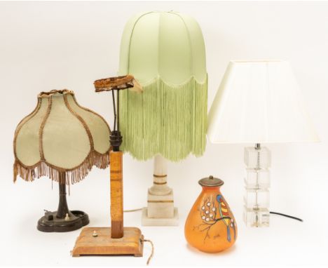 A GROUP OF LAMP BASES AND SHADES INCLUDING A GLASS LUSTRE (12)The lustre 54cm high including shade; Together with Art Deco ex