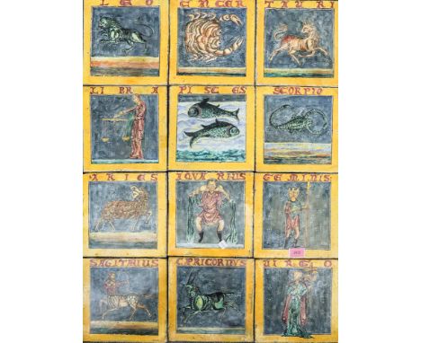 A SET OF TWELVE POTTERY `ZODIAC' TILES (12)Possibly French, late 19th/20th century Each painted with a titled sign of the zod